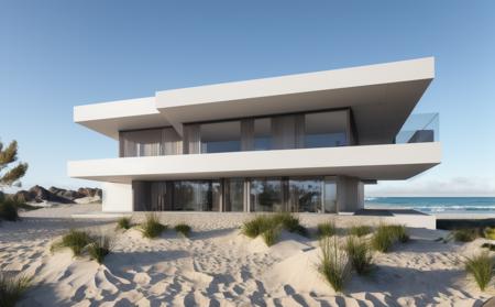 ((masterpiece, best quality)), 8k, modern architecture style, photo realistic, david chipperfield, hyper detailed photo, single box, a digital 3d render of a building, concrate, leansflare, beach