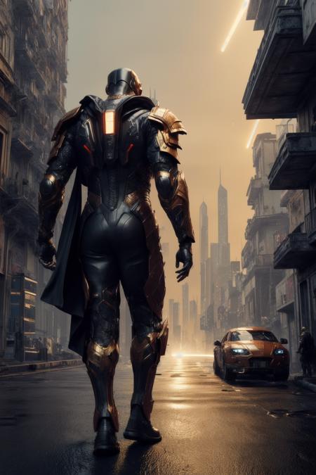 (full body, (dynamic pose), action pose), muscular male android humanoid, thick cloth dark cloak, [dark | red metallic armour], glowing red parts of the armour, splashes of orange red, advanced civilization, (cyberpunk:1.1), towering structures, immersed in the beautiful lights, (rim lighting, distant moonlight, night, bloom), (cinematic, best quality, masterpiece, ultra HD textures, highly detailed, hyper realistic, intricate detail, 8k, photorealistic, concept art, matte painting, autodesk maya, vray render, ray tracing, hdr), (dslr, full frame, 16mm focal length, f/8 aperture, dynamic perspective, dynamic angle, golden ratio, wide photography, wide field of view, deep depth of field, zoom out) <lora:MISC-epi_noiseoffset2:0.3>  <lora:urbansamuraiv3testing:0.25> techwear, urbansamurai, <lora:CHAR-Robort:0.3> robort, <lora:lou:0.2> <lora:hipoly_3dcg_v7-epoch:0.2>3d, realistic  <hypernet:dr0ne_1:0.15>  <hypernet:sxzBloom_sxzBloom:0.2><hypernet:LuisapSciFiHard_v1:0.1> <lora:add_detail:0.5>,