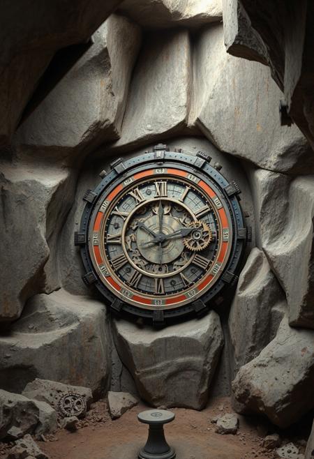 clock, underground bunker, raw, weathered forms, rounded and eroded concrete walls, fragmented steel beams, flowing and interconnected shapes, soft brutal edges, primal aesthetic, multichromatic oxides, vibrant colors of corrosion, saturated hues of rust, deep earthy tones, patina on metal surfaces, recursive shapes in mechanical gears, infinite geometry in clockwork, intricate fractal structures in rusted metal, colorful oxides, stark industrial lighting, dystopian vibe, sculptural appearance, unsettling, high resolution, photorealism, (overloaded multichromatic oxides:1.6), (emphasis on rusted forms and colorful corrosion:1.6), minimal details, intersecting planes of concrete and rusted steel, soft rounded geometry, worn textures, (blurry:-1.2), (ugly:-1.3), (cartoonish:-1.1), (polished:-1.3), (low quality:-1.2), (overly ornate:-1.5), (disjointed anatomy:-1.3), (soft lighting:-1.2), (noisy:-1.1), (bad composition:-1.3)