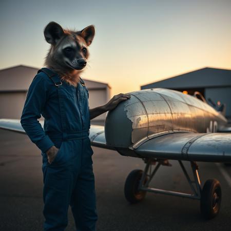 Closeup of an anthro spotted hyena mechanic wearing blue overalls while inspecting a biplane on the runway in front of a hangar in a private airport. The biplane is old and its paint is flaking, revealing silver gray surface underneath. The hyena is lightly touching the plane near the flaking paint. It is late evening and the sky is clear. The scene has an atmospheric cinematic look with vibrant colors and contrasting shadows and light.
