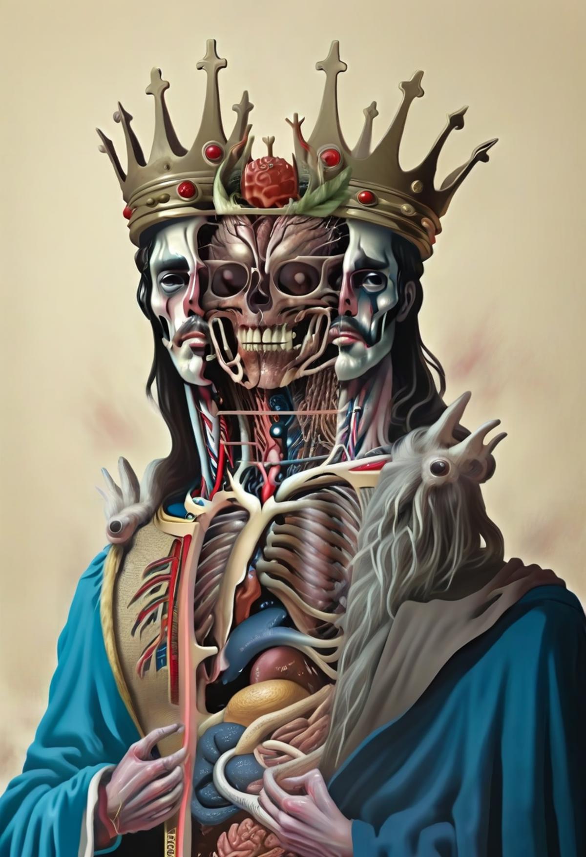 A skeleton with a crown and a blue robe, surrounded by other skeletons wearing crowns.