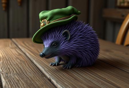 A purple hedgehog sitting on a wooden table, wearing a 3D, epic, and cursed green hat, inspired by Amos Sewell, Royo, and Ted Nasmith. The image should blend the styles of Artgerm, Greg Rutkowski, and Alphonse Mucha with intricate, ornate details and sharp focus. Apply the golden ratio for composition, aiming for a masterpiece trending on Artstation. The final output should be in 8K resolution with lifelike details and micro details.