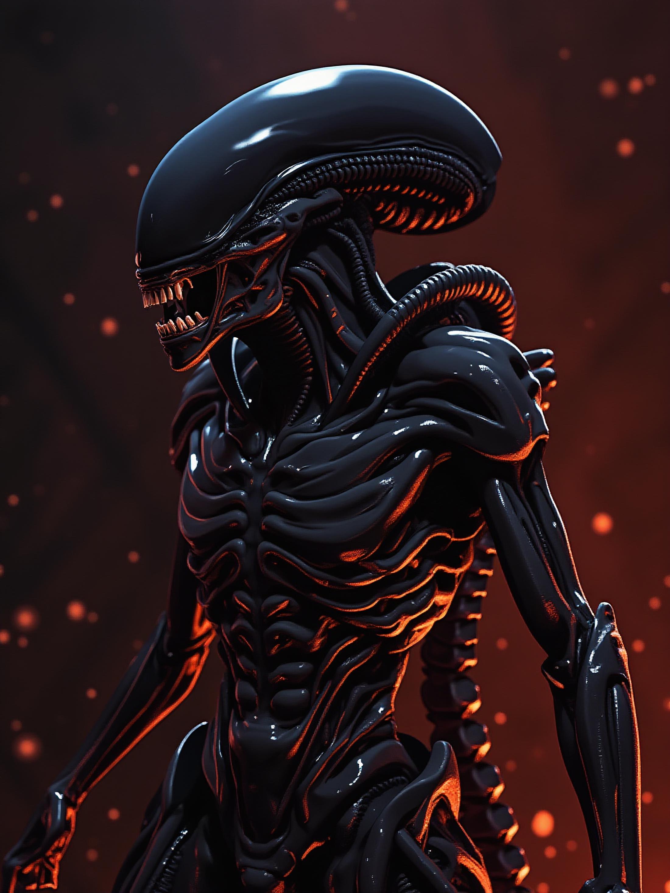 Anime style digital art, rule of thirds, gothicpunk, xenomorph as the protagonist in a revenge film, luminous