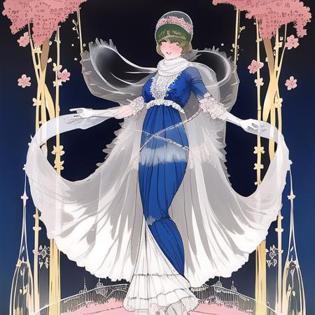 <lora:fashion (1):1> fashion plate, edwardian, 1914, 1910s, french, paris, 1girl, solo, walking, blue dress, art nouveau, flowers, white gloves, white background, long gloves, evening dress, ruffled dress, pink cloak, anime, magazine cover, forest, scarves, fashion