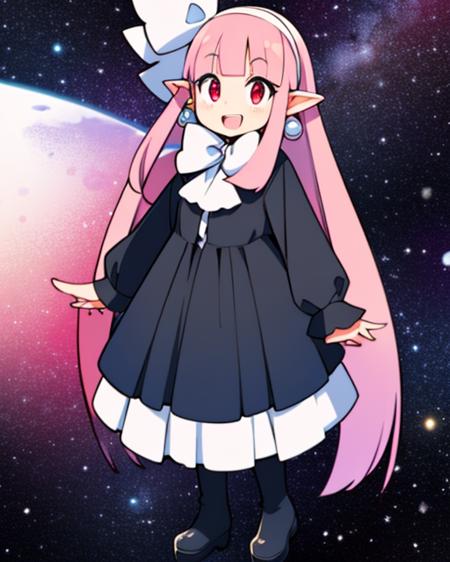 Witch.long pink hair,pointy ears,red eyes , smiling, standing,  full body, 
WitDres,black dress, white ribbon, white hairband,long sleeves,earrings, black boots,
outer space, fun park, stars,   
(insanely detailed, beautiful detailed face,  masterpiece, beautiful detailed  eyes, best quality)      <lora:Witch:0.8>