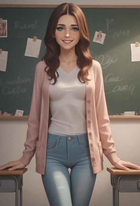 8k resolution, score_9, score_8_up, score_7_up, 24 years, expressive, single sweet brunette woman with blue eyes, natural medium breasts, soft flawless face, long natural wavy hairstyle, gentle hourglass body, detailed expressive eyes, semi realistic, standing, bright cozy classroom with colorful educational posters, small cute chairs and low bookshelves in background, warm inviting lighting, wearing casual light pastel cardigan and simple jeans, light makeup, shy friendly smile, relaxed and kind expression, natural soft photo style, looking approachable and sincere, photo taken inside cheerful classroom