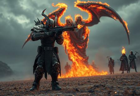 "Create a highly detailed, 3D animated promotional artwork of an Infernity Doom Slinger man with a gun, standing on a desolate field. The scene should be set in a dark, mecha-inspired world with a flaming grim reaper and watchers in the background. The Doom Slinger should appear photorealistic, aiming his weapon with a punished Judge Dredd-like look. Incorporate fireworks-safe flaming elements, and feature it on ArtStation with a focus on intricate details, ballistics, and the golden ratio."