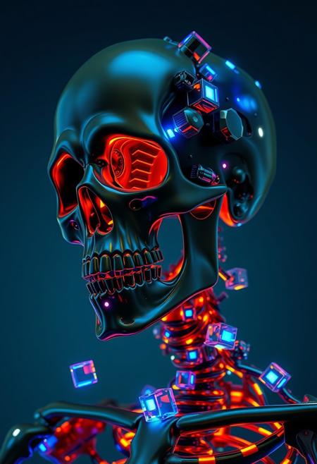 A hyperdetailed, close-up portrait of a skeleton, rendered in a dark, futuristic aesthetic with a strong emphasis on neon and glowing elements. The skeleton exhibits a blend of smooth quality and colored pencil realism, featuring vibrant colors including gold, orange, and various shades of blue that create a dynamic interplay. Numerous reflective, glitched cubes of various sizes and shapes encapsulate and adorn the skeleton's features, reflecting luminous, multicolored light strips and electric blue accents. The lighting is low-key, with strong highlights from the glowing elements creating sharp contrasts. The background is a deep teal blue, providing a stark contrast to the vibrant subject, conforming to the dominant color palette of deep blues, blacks, and purples. All textures focus on smooth, reflective surfaces and shimmering metallic effects, consistent with a polished, digital artwork or high-fidelity 3D render. The overall impression is one of advanced technology and sleek design, with a modern, abstract, and ethereal style, suggesting a liquid or metallic dreamlike quality and a sense of calm and tranquility. The visual style references surrealism, abstract art, and liquid metal digital art, focusing on a reflective and polished aesthetic. <lora:clear:1>, <lora:FF.101.juggernautXL_version6Rundiffusion.LORA:1>, <lora:Hyperdetailed_Colored_Pencil:1>, <lora:SDXLDetailer:1>