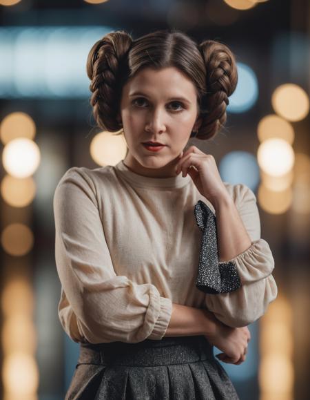 high resolution photo of le_ia with double bun hairstyle full body shot,the scene has a dramatic look,volumetric lighting and bokeh,the background is super detailed,the shot is cinematic