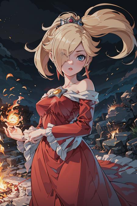 Highly detailed, High Quality, Masterpiece, beautiful, 1girl, IncrsRosalinaFireFlower, red dress, ponytail, <lora:Rosalina:0.8>, fire, fireball, holding fireball, pyrokinesis, Holding fire with her 2 hands, Surrounded by flames, hair over one eye,