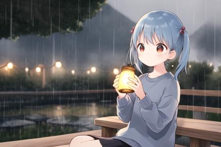 masterpiece, best quality, 1girl, upper body, sitting, swept bangs, medium hair, twintails, blue hair, sweater, fluffy, outdoors, rain, lantern, scenery, blurry background, <lora:moeplus32:0.9>