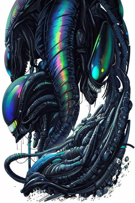 Masterpiece, best quality, 2d artwork, line art, 3/4view, aliens Xenomorph art, iridiscent colors, breathtaking background, <lora:Xenomorph:0.6>