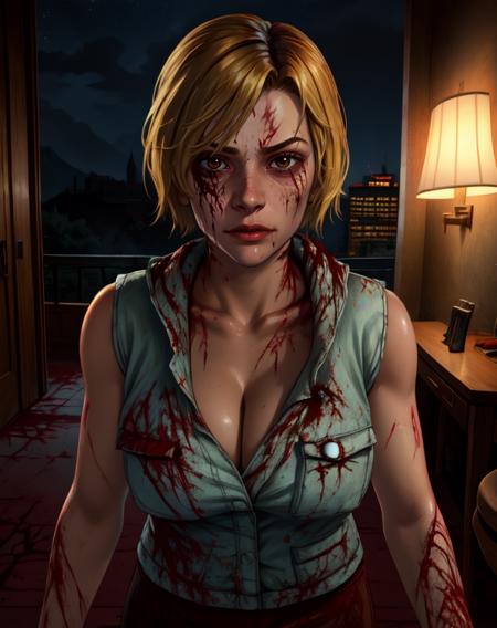 Cheryl,blonde hair,brown eyes,
vest,sleeveless,short skirt,
blood on clothes,cleavage,
serious,
(silent hill \(series\):0.6),hotel,night,
(insanely detailed, beautiful detailed face, masterpiece, best quality) cinematic lighting,<lora:Cheryl-10DBD:0.7>,