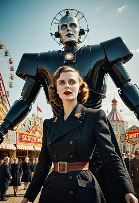 ((Film poster including a dynamic photograph from a colorized, 1936 Soviet live action film titled (" The Giant Mechanical Woman in Black Attacks the Fairground! "), ((starring (actress Vera Maretskaya) in the role of (the character, (The Giant Mechanical Woman in Black)), 
[(Cinematic still), (photograph from a 1936 soviet film) (using 35mm, agfacolor film stock), (using State Optical Institute cine lenses),  ((colorized with the 1936 style Bipack colourisation method) (three strip technicolor: capturing the red, green, and blue components of the scene on three separate strips of black-and-white film, later combined to create the full-color image appearance))  (soviet retrofuturism), (dystopian), ]