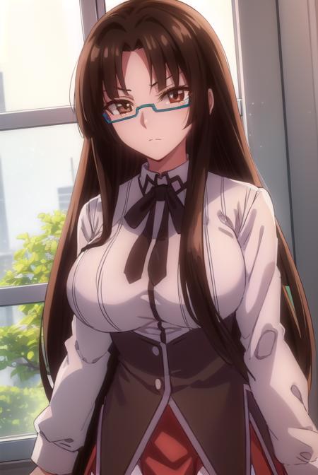 tsubakishinra, <lora:tsubaki shinra anime s2-lora-nochekaiser:1>,
tsubaki shinra, long hair, black hair, (brown eyes:1.5), glasses, semi-rimless eyewear, under-rim eyewear, (parted bangs:1.5), bangs, blunt bangs,
BREAK shirt, ribbon, school uniform, white shirt, black ribbon, neck ribbon, long sleeves, skirt, red skirt,
BREAK indoors, classroom,
BREAK looking at viewer, (cowboy shot:1.5),
BREAK <lyco:GoodHands-beta2:1>, (masterpiece:1.2), best quality, high resolution, unity 8k wallpaper, (illustration:0.8), (beautiful detailed eyes:1.6), extremely detailed face, perfect lighting, extremely detailed CG, (perfect hands, perfect anatomy),