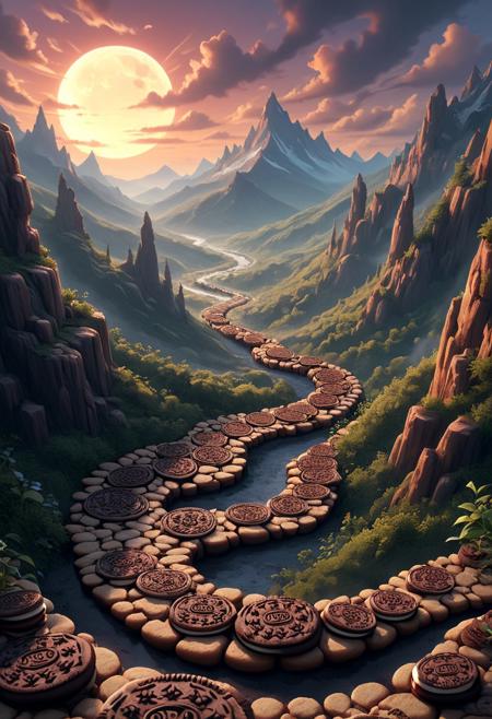 A breathtaking, hyperrealistic digital painting, a surreal, dreamlike landscape, rendered in a whimsical cookie palette. The planet’s surface has a scattering of bizarre pillars of cream, casting ethereal shadows across the scene. In the sky chocolate clouds drift over the bright and cheerful landscape, Below, a colorful, winding path constructed of polished, smooth cookie pavers lead downwards towards the viewer, leading through a candy forest, In the far distance is mountain of chocolate, creating a hazy, dreamlike atmosphere., dramatic volumetric lighting, creating a sense of vastness, adventure, and intense exploration – 8k resolution, trending on ArtStation. SDXL_POS, flux-style, aidmamj6.1,