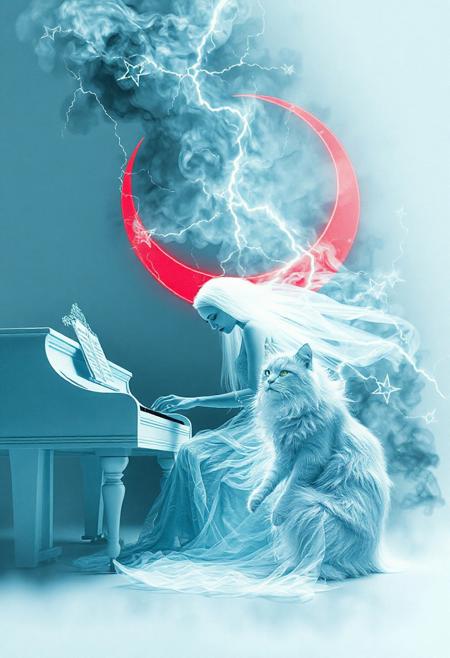Tim Burton's style
is a ghostly demonic creepy bride made of white smoke playing a white piano
with a huge ghostly ugly shaggy scary cat made of white smoke sitting at her feet  
Gothic
beautiful botanical
lightning
shining red crescent
bioluminescent stars
dynamic pose
random angle
dark fantasy
surrealism
turquoise monochrome
white muted background
Ultra detail,
Double exposure, Abstract, Octane rendering, Shine,lumen, fractal, UHD, Hyperdetail.
Zdzisław Beksinski style
