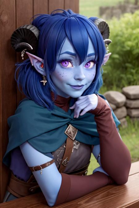 <lora:JesterV1:0.8>, Jester Lavorre, purple eyes, blush, shy, blue hair, (blue skin:1.1), horns, wooden table, stone wall, fantasy, Disney, toon \(style\),