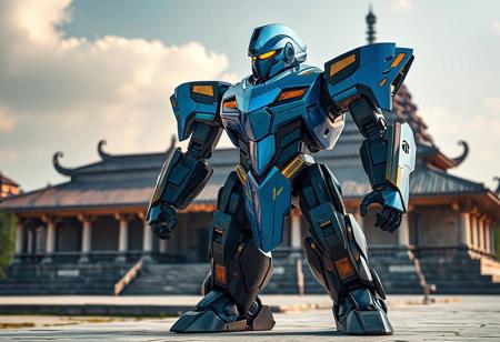 "The Ally of Justice Field Marshal robot stands tall and proud, its sleek blue and black body accented with gold, adding a touch of elegance. The head features a striking blue color with a prominent yellow visor, while the arms and legs are black with gold accents, creating a harmonious balance of colors. The robot is positioned on a temple surface, contrasting beautifully with the ancient Wedju Temple in the background, emphasizing its presence and strength. Rendered in 4K with lifelike details, the image captures the robot's design with stunning clarity. The lighting is cinematic, with a dynamic interplay of shadows and highlights, creating a captivating atmosphere. The composition is impeccable, with a focus on the robot's intricate details and the serene temple setting."