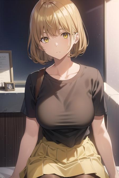 aokiyuriko, <lora:aokiyuriko-lora-nochekaiser:1>, 
aoki yuriko, short hair, brown hair, bangs, (yellow eyes:1.5), glasses,
BREAK skirt, shirt, short sleeves, pantyhose, black pantyhose, frills,
BREAK looking at viewer, 
BREAK indoors,
BREAK <lyco:GoodHands-beta2:1>, (masterpiece:1.2), best quality, high resolution, unity 8k wallpaper, (illustration:0.8), (beautiful detailed eyes:1.6), extremely detailed face, perfect lighting, extremely detailed CG, (perfect hands, perfect anatomy),