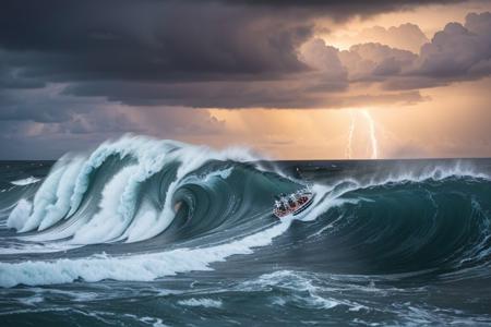 Ultra-realistic photo of half dozen disciples of Jesus panicking under heavy storm, their single masted fisherman sailboat in the middle of an agitated sea,  dramatic lighting, detailed waves crashing against the boat, terrified expressions, wind and rain splashing, intense, ominous atmosphere, expressions of fear and desperation, powerful contrast between dark stormy sky and tumultuous sea, vibrant colors, high-res, masterful strokes, capturing the emotions of the disciples as they struggle to keep the boat afloat, dynamic composition, waves crashing over the boat, chaotic scene, strong waves encompassing the boat, the boat tipping precariously, lightning illuminating the scene, dark clouds engulfing the sky, sense of danger and vulnerability, torrential rain pouring down, the boat rocking violently, disciples clinging to the edges, their clothes drenched in water, fear-stricken faces, expressions of faith and hopelessness intertwined, realism, tension-filled narrative, a test of faith.