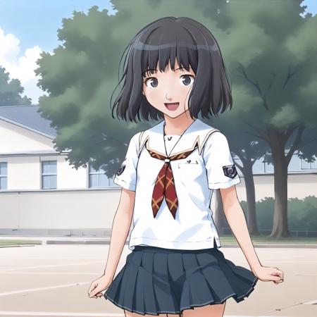 MitsukiShijo,1girl,black hair,medium hair,black eyes, school_uniform,white shirt,neckerchief,short_sleeves, pleated_skirt, gym shirt,white shirt,collared_shirt, red buruma, school_swimsuit,