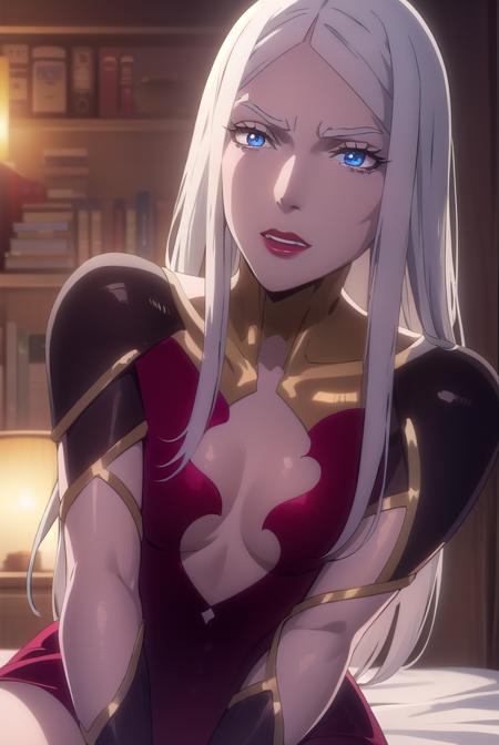 carmilla, long hair, white hair, lipstick, blue eyes, makeup, dress, red dress, center opening,