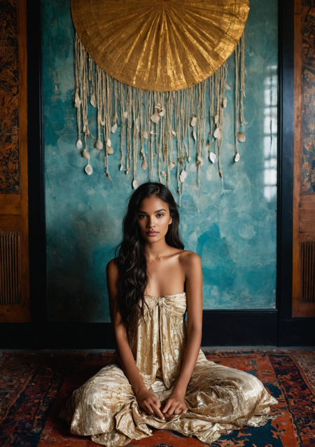 RAW image, nighttime moonlit photorealistic portrait,  a Tahitian girl with perfect nipples, thin body, hypnotic gaze, slender body, and glamorous Polynesian woman with glowing brown skin and elegant modern beauty, sitting cross-legged in her bedroom at dawn, writing in her dream journal. Her expression is soft and introspective. The room is bathed in golden light, filtered through gauzy curtains. Surreal textures (faintly merging with the wall, or appearing subtly in the wood grain of her writing desk). Her hair is styled in an artistic braid with seashell accents. The pages of her journal seem to glow faintly as if her dreams still shimmer in ink. 16:9 canvas, high detail, painterly brush texture, cinematic ambient light, magical realism meets high-art surrealism.