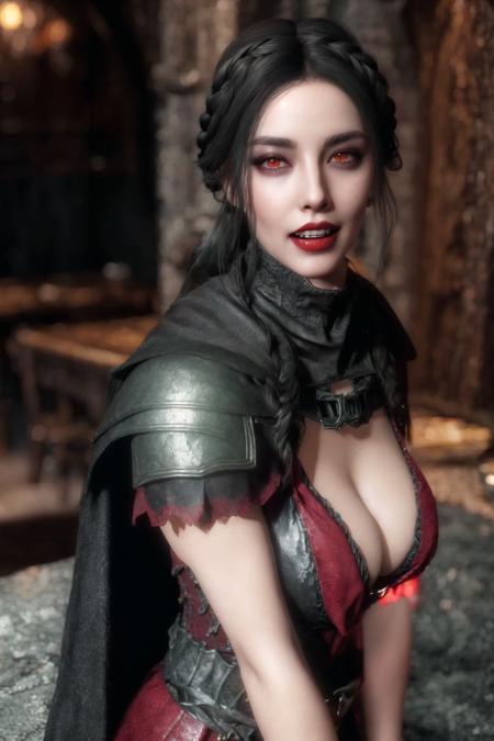 <lora:Serana_Reimagined:0.8> , Serana Reimagined, masterpiece, best quality, 1girl, solo, black hair, red eyes, looking at viewer, fangs, long hair, breasts, upper body, teeth, armor, cleavage, open mouth, tongue, realistic, red lips, blurry, forehead, blurry background, cape, vampire, braid, piercing