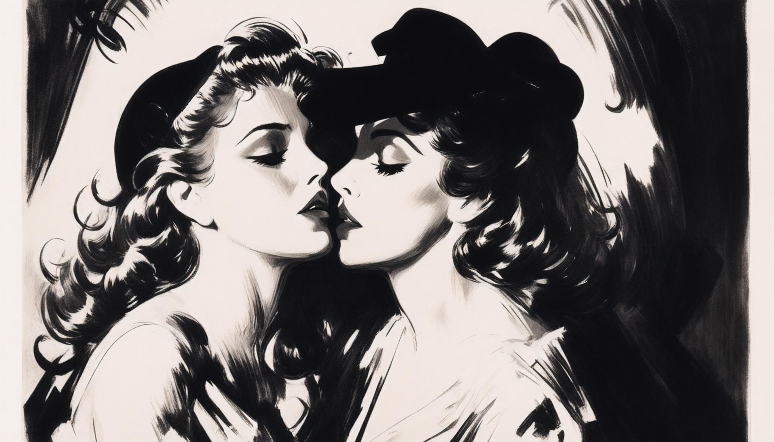 A black and white drawing of a woman kissing another woman with a hat on.