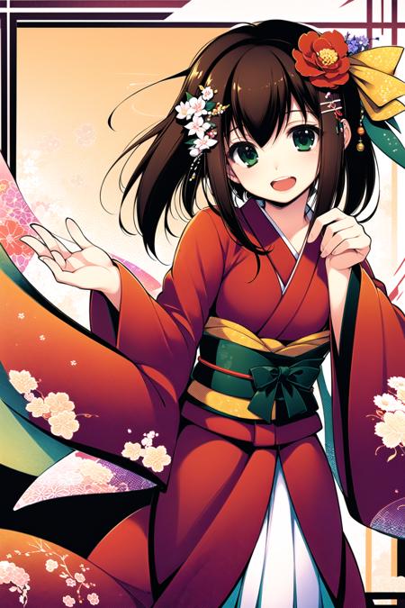 (masterpiece:1,2), best quality,
1girl, solo, green eyes, brown hair, japanese clothes, hair ornament, flower, bow, hair bow, open mouth, smile, hair flower, kimono, bell, ribbon
shinryuusai,  <lora:tenmu_shinryuusai:1>,