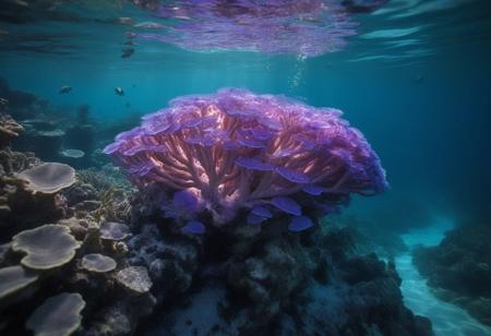 multi-coloured coral, harmless alien sea creatures, soft shafts of (purple light) penetrate the water, a shoal of alien fish swim into the foreground, source_alien, the alien sea is full of aquatic life, shallow water, alien coral, coral reef, deep gorge, 
hyperrealistic, photorealistic, highly detailed, professional photography, award winning wildlife, 50mm, pancake lens, serine, calm, relaxing,underwater,under the water,under water