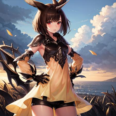 (masterpiece, best quality, highres), 1girl,  solo, short hair, red eyes, shorts, animal ears, horns, single horn, armor, hand on hip, black shorts, detached sleeves, brown hair, short shorts, rabbit ears, see-through, black hair, looking at viewer, cloud, sky, dress, gloves,  standing, bangs, cloudy sky, shoulder armor, bob cut, gauntlets, , cowboy shot, outdoors, brown eyes, black gloves, pauldrons, bike shorts, breasts, fantasy, yellow dress, small breasts, blunt bangs, breastplate, light particles, vambraces, parted lips, closed mouth,  thighs, long sleeves, armpits, short dress  <lora:RaminaV1:1>