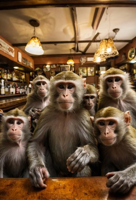 realistic, Family of monkeys taking selfies in a bar, one monkey close to camera, hand holding camera, fisheye lens
