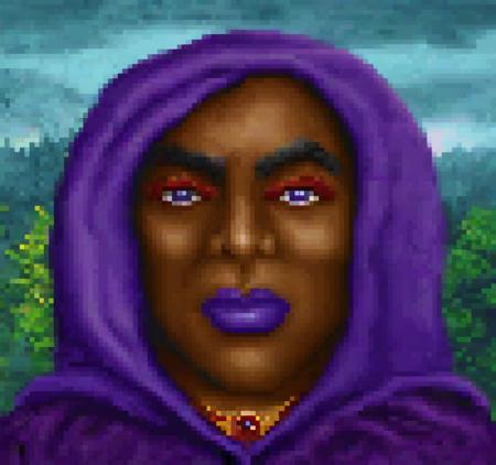 cinematic still Original HoMM2 style portrait of a sorceress with dark skin, partially obscured by a deep blue hooded cloak. The cloak covers most of her face, revealing only the lower half, including a pair of red lips. The cloak is festened by a golden jewelry with purple gemstone. She wears a purple dress with cleavage and wavy red stitching border. The background consists of a vibrant, colorful fantasy landscape with a mix of green trees and a cloudy sky with shades of purple and blue . emotional, harmonious, vignette, 4k epic detailed, shot on kodak, 35mm photo, sharp focus, high budget, cinemascope, moody, epic, gorgeous, film grain, grainy, Original HoMM2 style portrait of a sorceress with dark skin, partially obscured by a deep blue hooded cloak. The cloak covers most of her face, revealing only the lower half, including a pair of red lips. The cloak is festened by a golden jewelry with purple gemstone. She wears a purple dress with cleavage and wavy red stitching border. The background consists of a vibrant, colorful fantasy landscape with a mix of green trees and a cloudy sky with shades of purple and blue, cinematic, dynamic composition, dramatic atmosphere, detailed, intricate, elegant, highly saturated colors, extremely complimentary color, epic light, beautiful scenic, ambient, pristine, magic, sharp focus, professional, winning, creative, fair, innocent, pretty