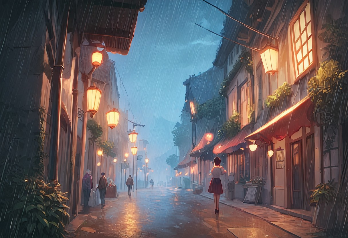 score_9, score_8_up, score_8. score_9, score_8_up, score_7_up, masterpiece, 4k, high quality, (best quality:1.1),anime, beautiful drawing, rainy street, a melancholic nerd looks at the sky with rain mixed with tears and wonders about the future
