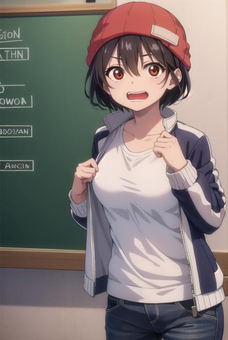 fuukoizumo, <lora:fuukoizumo-lora-nochekaiser:0.8>,
fuuko izumo, black hair, hair between eyes, (brown eyes:1.5), short hair, <lora:wavymouth_type3_v100:1>, open mouth,
BREAK shirt, white shirt, jacket, open jacket, pants, denim, beanie, red beanie,
BREAK looking at viewer,
BREAK indoors, classroom, (cowboy shot:1.5),
BREAK <lyco:GoodHands-beta2:1>, (masterpiece:1.2), best quality, high resolution, unity 8k wallpaper, (illustration:0.8), (beautiful detailed eyes:1.6), extremely detailed face, perfect lighting, extremely detailed CG, (perfect hands, perfect anatomy),