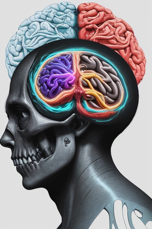 A man drowning inside his own mind. FRONT VIEW. Subliminal messaging, Horror, neon-colored brain scan aesthetic on white background. the figure of a skull is seen inside the brain scan. Psychedelic brain scan. Horror, Vibrant, glowing neural pathways Abstract, futuristic aesthetic. Style mimics bioluminescence art. Sharp contrast between vivid colors and deep black background. realistic rendering of brain lobe. Conveys sense of brain death, cognitive decline, and mental degradation. Sharp jagged teeth. Horror theme.