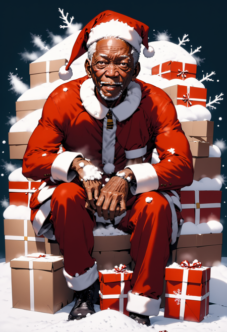 <lora:HolidaysIdidalittlebiteXL:1> Perfectly-centered portrait-photograph of morgan freeman in a santa suit with packages,  in the style of subversive art,  playful,  youthful images,  poolcore,  rtx on,  candid moments captured,  snow scenes,  cut/ripped ,