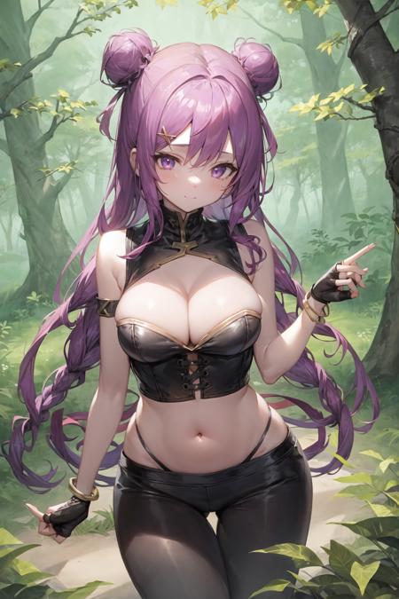 masterpiece, best quality, ultra-detailed, illustration, 1girl, <lora:KDAKaiSa:1>, KDAKaiSa, ((golden bustier)), ((black pants)), long hair, purple hair, hair bun, double bun, purple eyes, cleavage, midriff, navel, jewelry, fingerless gloves, bracelet, in a forest, trees