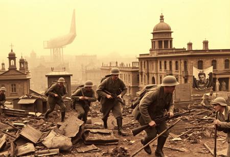 ww2, land war, scene, british soldiers, takein cover, war torn cityscape, asia,