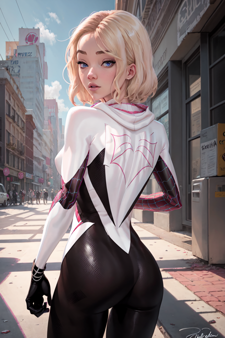 1girl ,solo,gwen stacy,spider web print, spider gwen , body suit , superhero 
<lora:gwen_1.5:0.78><lora:gwen_1.5:0.78>