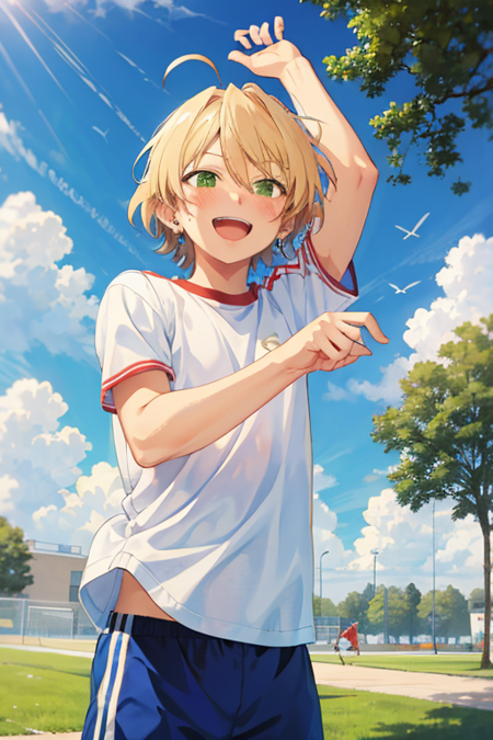 <lora:AiraShiratori-03:0.7> , aira shiratori, solo, blush, smile, open mouth, blonde hair, shirt, 1boy, jewelry, green eyes, white shirt, ahoge, short sleeves, male focus, earrings, outdoors, sky, teeth, day, cloud, tree, blue sky, headband, upper teeth only, gym uniform, string of flags