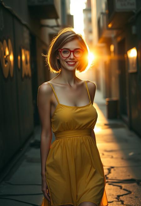 Prompt (FLUX style)
A slightly tall, petite woman with fair skin, short auburn bob hair, and playful red cat-eye glasses, walking confidently through a gritty urban alley at golden hour. She wears a short yellow sundress with spaghetti straps, made of a soft, slightly sheer fabric that catches the warm sunset light. Her figure is illuminated with perfect rim lighting, the sun forming a glowing outline around her shoulders and dress. Dust particles float in the air, backlit by long golden rays. The background is dark and urban, with cracked pavement, graffiti, and out-of-focus elements. Her expression is joyful and radiant, with cinematic lighting on her face, glowing skin, and light bouncing through her hair. The scene has strong color contrast, bokeh-rich depth, and a dreamy, editorial tone.
Style Tags:
photorealistic, FLUX model, cinematic lighting, golden hour, urban fashion, realistic skin texture, sunset rim light, dreamy bokeh, backlit dust particles, flowing fabric, slightly taller, vintage glasses, street fashion photography, analog tones
Negative Prompt (optional for Civitai):
blurry, cropped face, low resolution, bad hands, poorly lit face, overexposed, unnatural pose, cartoon, 3D, anime, distorted proportions