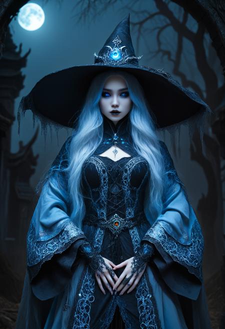 Gothic style Tilt-shift photo of  <lora:Abstract Concept-Chaos:0.4>, . , .Selective focus, highly detailed, vibrant, perspective control,, <lora:Waifu Style-Du Qiong-000008:0.25>,Du Qiong,, dark fantasy horror theme,dark fantasy concept art,artificial construct,ranni the witch,renna of elden ring,lunar princess ranni,realistic living porcelain doll,very long hair,knee-length hair,flowing silver-blue hair,one-eyed,bright pale blue luminous eye,four arms,wearing heavy layered robes with intricate embroidery,large slightly tattered witch hat,ethereal,ghostly,moonlit,whitish glow,uncanny,cold,enigmatic aura,small frame,petite,slender, . Dark, mysterious, haunting, dramatic, ornate, detailed