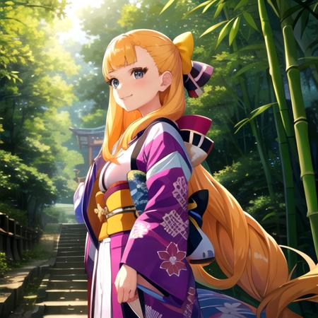 <lora:Kathrina-03:0.8>, kathrinawds, solo, looking at viewer, smile, long sleeves, bow, closed mouth, japanese clothes, wide sleeves, blunt bangs, kimono, sash, nature, forest, bamboo, purple kimono, bamboo forest