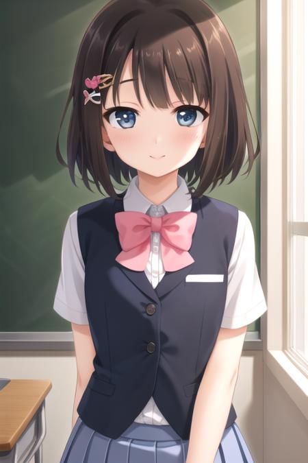 Seguchi Mahiru short hair,brown hair,hair intakes,hairclip,hair ornament,hair flower,blunt bangs,blue eyes blue suit vest,wing collar,collared shirt,white shirt,pink bowtie,short sleeves,blue cuffs,small breasts,blue skirt,pleated skirt,black pantyhose,loafers