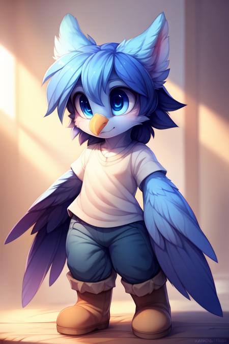 marlet bird, blue feathers, wing arms, blue eyes brown boots, blue pants, white shirt