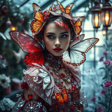 High fashion portrait of a living Christmas butterfly collection, dress made of thousands of crystalline butterfly wings that slowly move and change color from deep velvet red to frost white, face partially covered with delicate wing-shaped snowflakes, hair woven with living winter butterflies made of ice and gold, background of vintage botanical illustrations coming to life, gothic greenhouse setting with frozen flowers, soft ethereal lighting with rainbow prism effects, photorealistic details