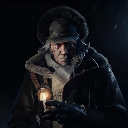 elderly man, torch in hand, winter jacket, fur coat, winter, cold, fear  <lora:frostpunk:0.8>, frostpunk